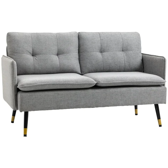HOMCOM Sofá de 2 Plazas Tapizado en Lino Sofá de Salón con Cojines Reposabrazos y Patas de Acero para Dormitorio Oficina Carga 240 kg 139x68x80 cm Gris