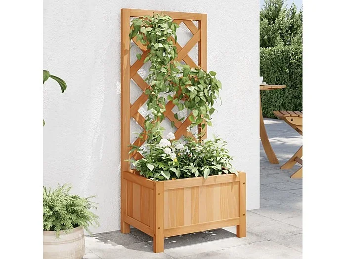 Jardinera con enrejado marrón de madera maciza de abeto.