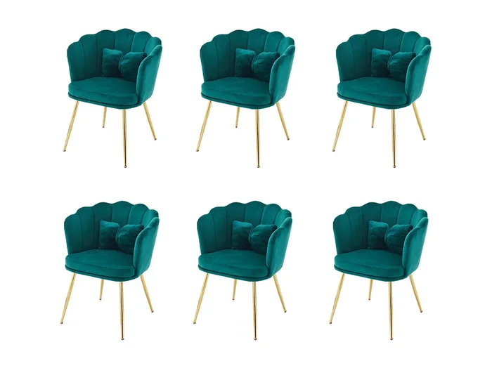 Juego de 6 sillas de terciopelo – con respaldo en forma de pétalo – patas de metal dorado – Verde abeto