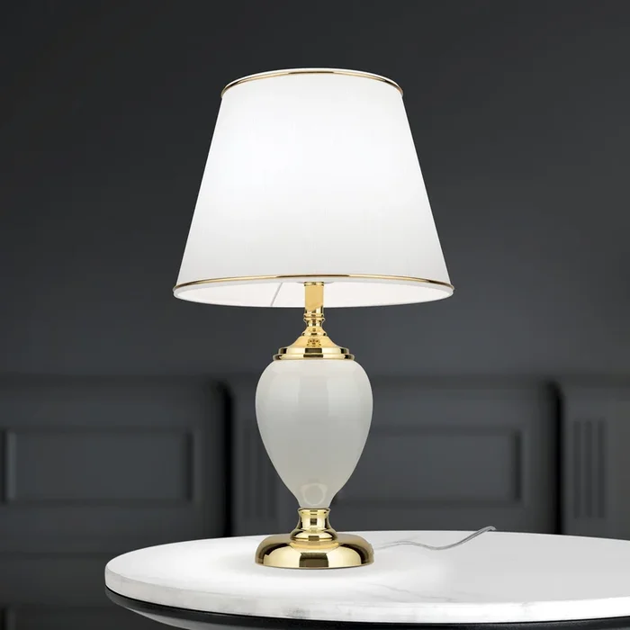 Lámpara de mesa Ovum, blanco/oro, altura 48 cm, cerámica/chintz