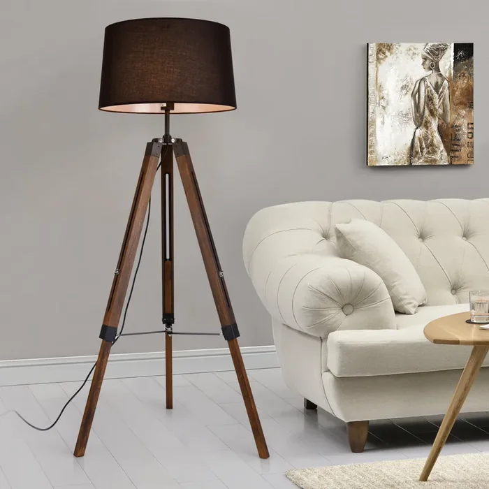 Lámpara de pie Karlsbad Trípode – Altura 145 cm – 45 x 40 x 25 cm – 1xE27 – Metal Madera Tejido Negro y Marrón [lux.pro]