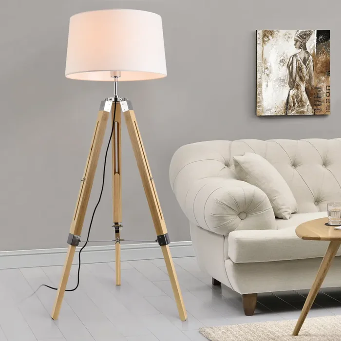 Lámpara de pie Karlsbad Trípode – Altura 145 cm – 45 x 40 x 25 cm – 1xE27 – Metal Madera Tejido Blanco y Madera tono claro [lux.pro]