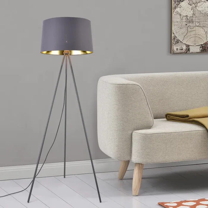 Lámpara de pie Manchester – Metal Tela – 150 x Ø 45 cm – Gris y Dorado – 1 x E27 – 60W [lux.pro]