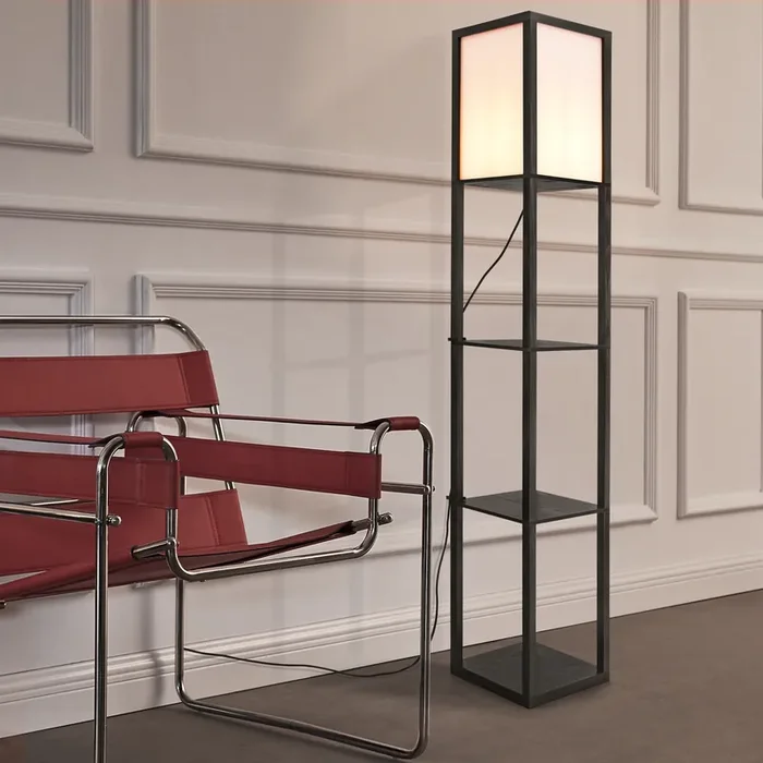 Lámpara de pie Stapleford 3 estantes 1xE27 60W Madera Plástico 160 x 26 x 26 cm negro / blanco [lux.pro]
