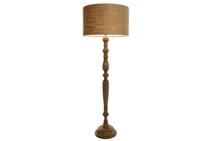 Lampara Pie Madera Yute 60X60X180 Tallado Natural