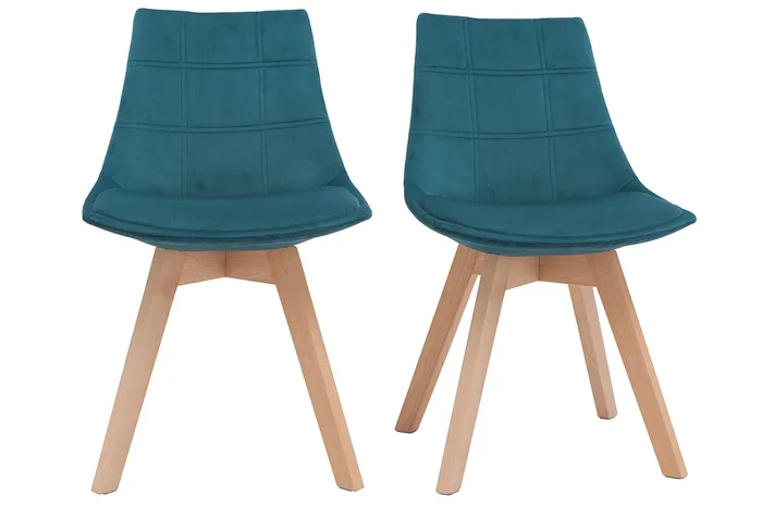 Lote de 2 sillas diseño nórdico madera y terciopelo azul petróleo MATILDE