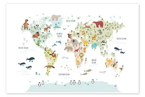 Mapamundi blanca de animales (inglés) de Marta Munte