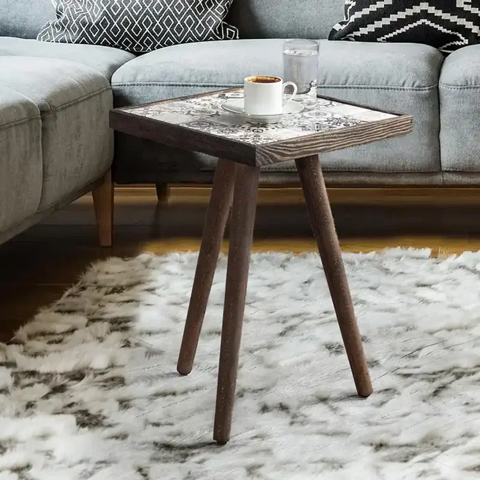 Mesa auxiliar Götene cerámica/haya 45x32x32 cm estampado en tonos grises / efecto madera [en.casa]
