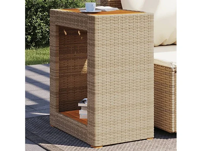 Mesa auxiliar jardín tapa madera ratán PE beige 60x40x75 cm