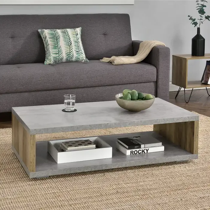 Mesa auxiliar Palermo con 1 estante MDF/Metal 110 x 60 x 30 cm – Aspecto de hormigón / Efecto madera [en.casa]