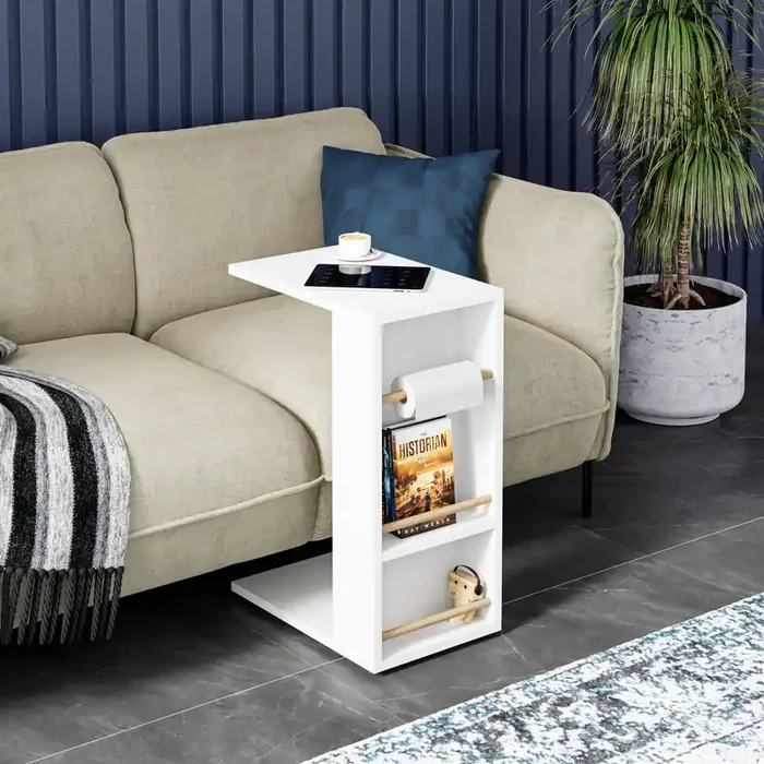 Mesa auxiliar Siikainen con ruedas y barra anticaída 65x44x29cm – Blanco [en.casa]