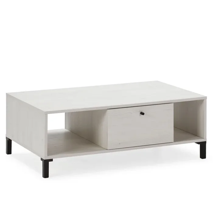 Mesa Centro Javea 1 cajón y 2 Huecos, Color Blanco y Madera, 100 (Ancho) 60 (Profundo) 37,5 cm