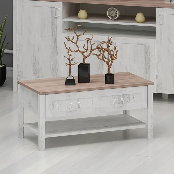 Mesa de centro Hedensted aglomerado 42 x 90 x 45 cm roble / blanco antiguo [en.casa]