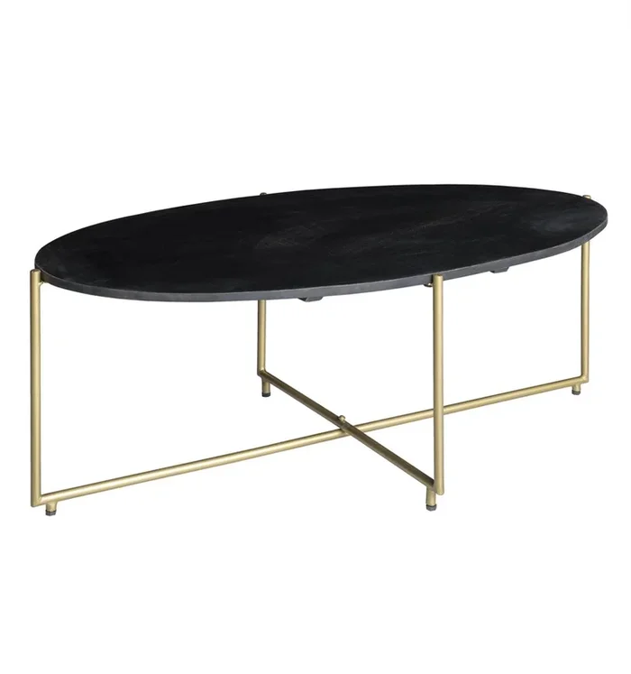 Mesa de centro ovalada 110×40, madera maciza de mango negro y latón