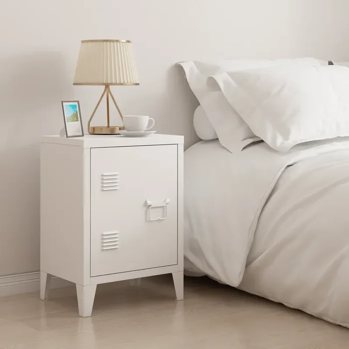 Mesa de noche Inari acero con tirador derecho 57x40x30 cm – Blanco [en.casa]