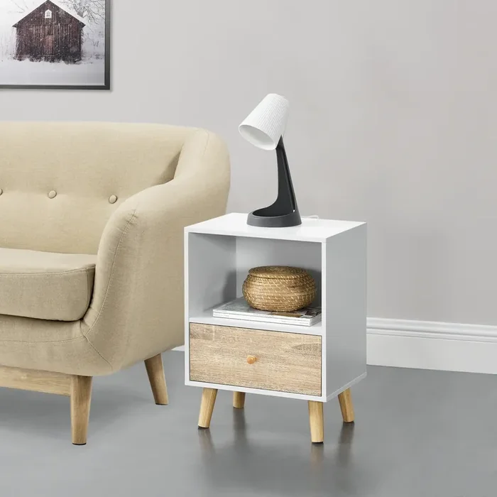 Mesa de Noche Sundsvall con cajón aglomerado/madera 54 x 40 x 30 cm – Blanco y Efecto roble [en.casa]