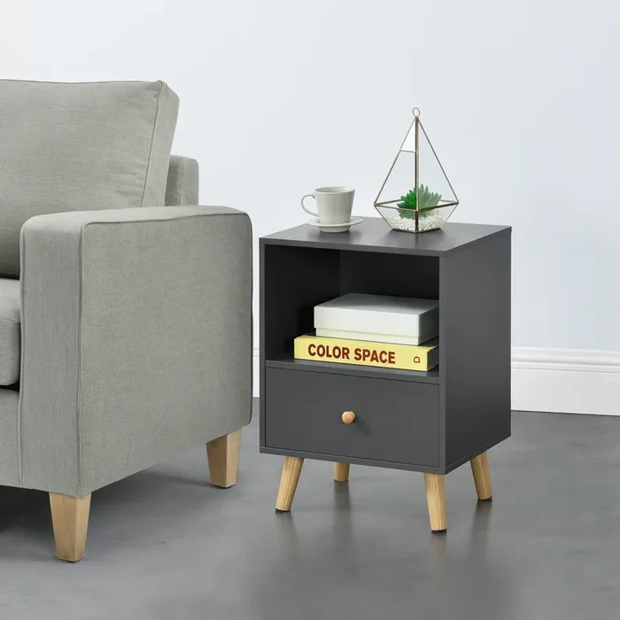 Mesa de Noche Sundsvall con cajón aglomerado/madera 54 x 40 x 30 cm – Gris oscuro [en.casa]