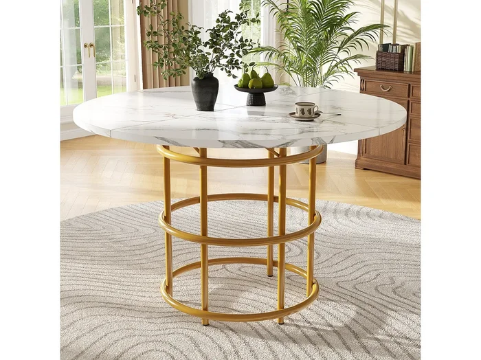 Mesa redonda MDF 100×100 cm comedor salón 4-6 personas patas metal dorado
