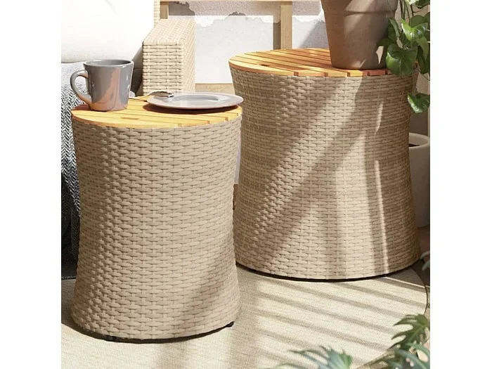Mesas auxiliares jardín 2 piezas superficie de madera ratán beige