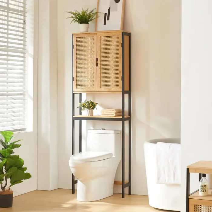 Mueble de Baño sobre el inodoro Tervola MDF bambú 172x60x20cm – Negro/Natural [en.casa]
