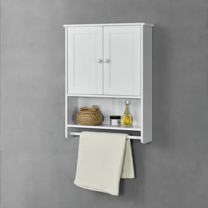 Mueble de pared para Baño Steyr – 65 x 48,7 x 14,5 cm – Armario colgante – Con 2 puertas y Toallero Barra – Auxiliar de Baño – MDF – Blanco [en.casa]®