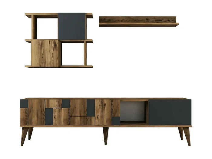 Mueble de televisión Docchiut, Aparador de salón, Mueble bajo para TV, Base de pared equipada, 180x34h49 cm, Nogal y Antracita