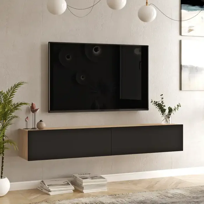 Mueble TV Lapinlahti suspendido 180x32x30 cm – Efecto roble/Negro [en.casa]