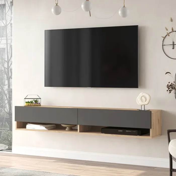 Mueble TV suspendido Laitila Aglomerado 180x32x30 cm – Efecto Roble / Antracita [en.casa]