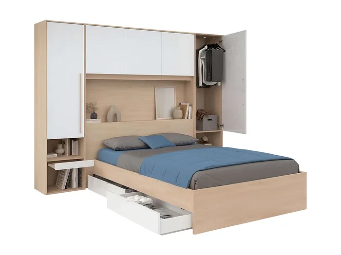 Pack Dormitorio John Cama 135-140×190 cm con Cajones y Cabecero Roble