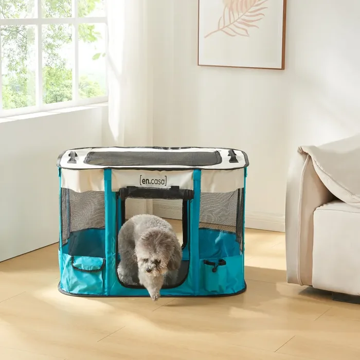 Parque para mascotas Mörbylånga plegable en diferentes tamaños – Azul/Beige [en.casa]