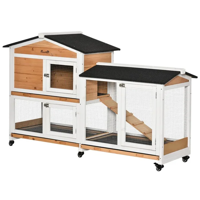 PawHut Conejera de Madera con Ruedas 157,4x53x99,5 cm Jaula para Conejos Grande con Techo Asfáltico Bandeja Extraíble y Rampa para Exterior e Interior Natural