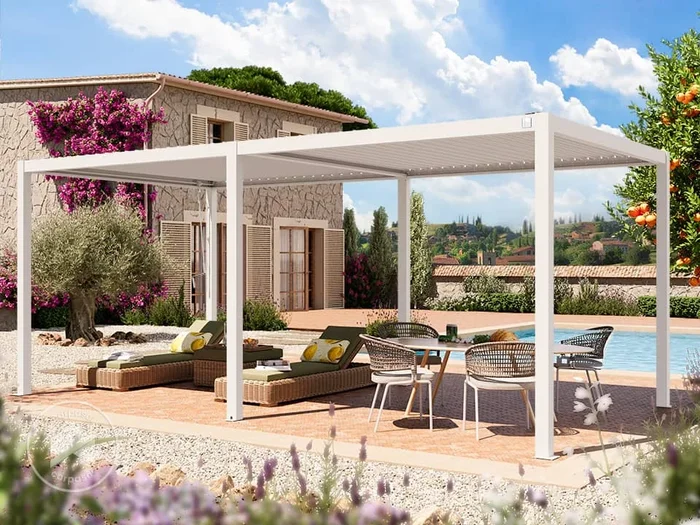 Pérgola, 3x6m, techo de lamas, blanco