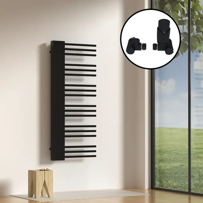 Radiador toallero mural Kviteseid 18 tubos acero con union de 3 vías 120×50 cm – Negro [neu.haus]