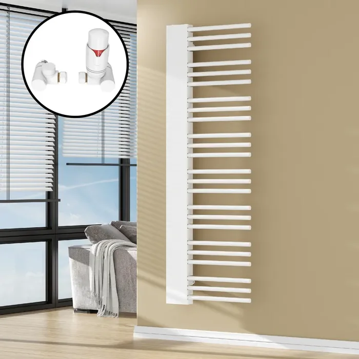 Radiador toallero mural Kviteseid 24 tubos acero con union de 3 vías 146×45 cm – Blanco [neu.haus]