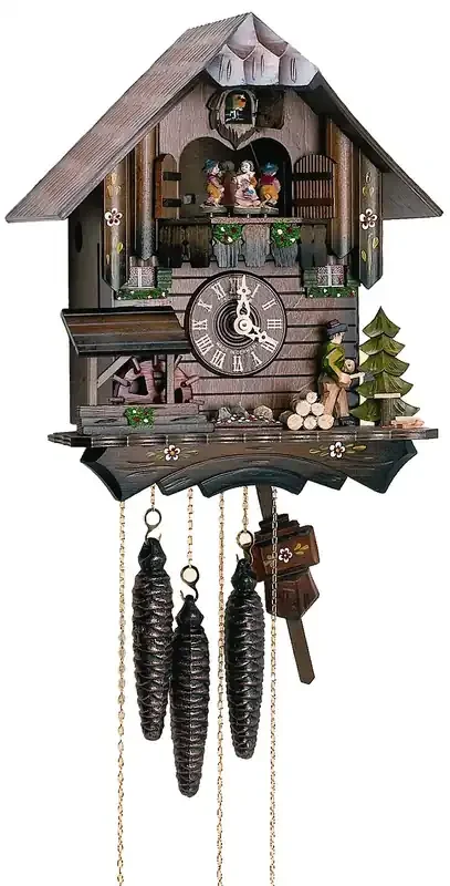 Reloj cucúCasa de la selva negra con leñador y rueda de molino que se mueve