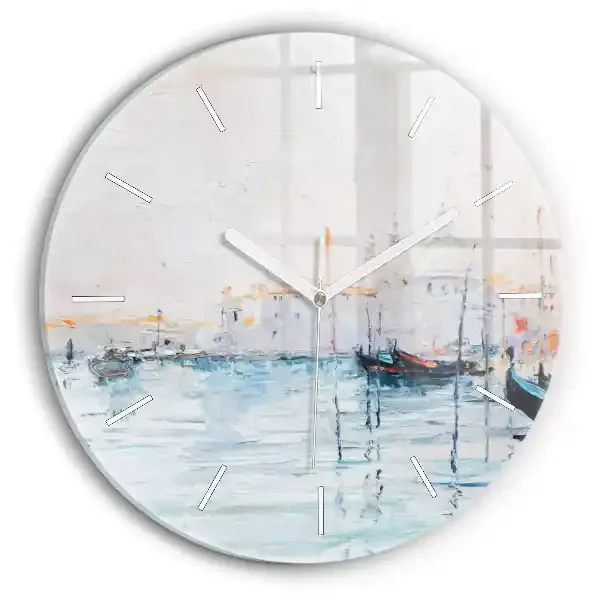 Reloj de cristal redondo Pintura al óleo yate mar