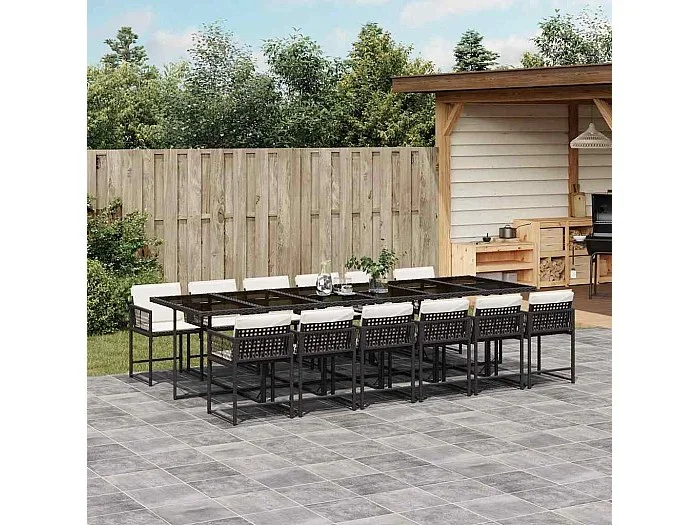 Set comedor de jardín con cojines 13 piezas ratán sintético negro