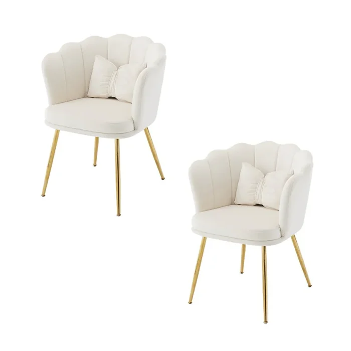 Set de 2 sillas modernas de terciopelo – Sillas de salón, baño, con respaldo de pétalos, piernas de metal dorado y cojines de mariposa – Beige