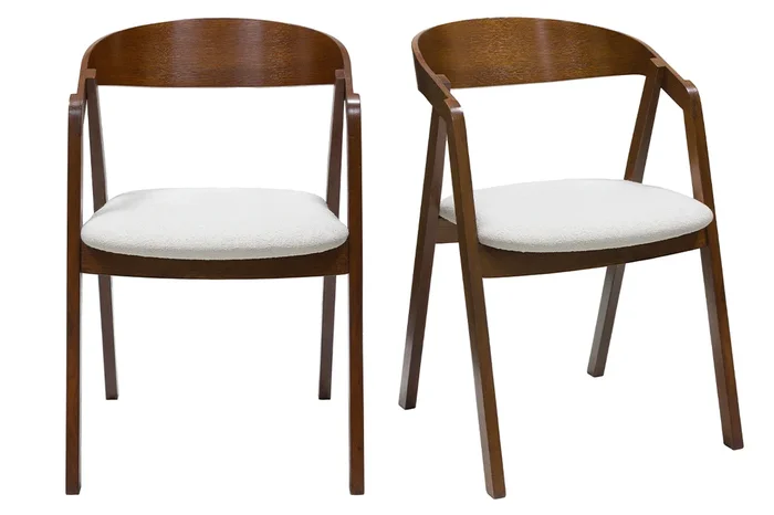 Set de 2 sillas vintage apilables de madera maciza teñida de nogal y borreguillo blanco LOVA