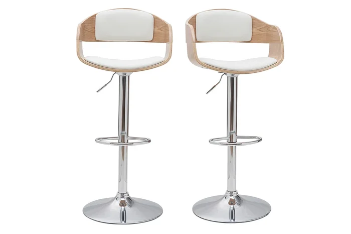Set de 2 taburetes de cocina ajustables de poliuretano blanco y madera clara EUSTACHE