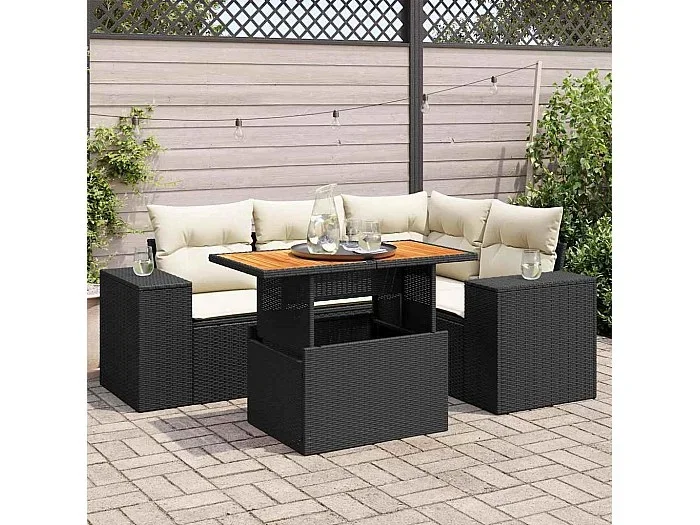 Set de muebles de jardín 5 piezas y cojines ratán sintético negro