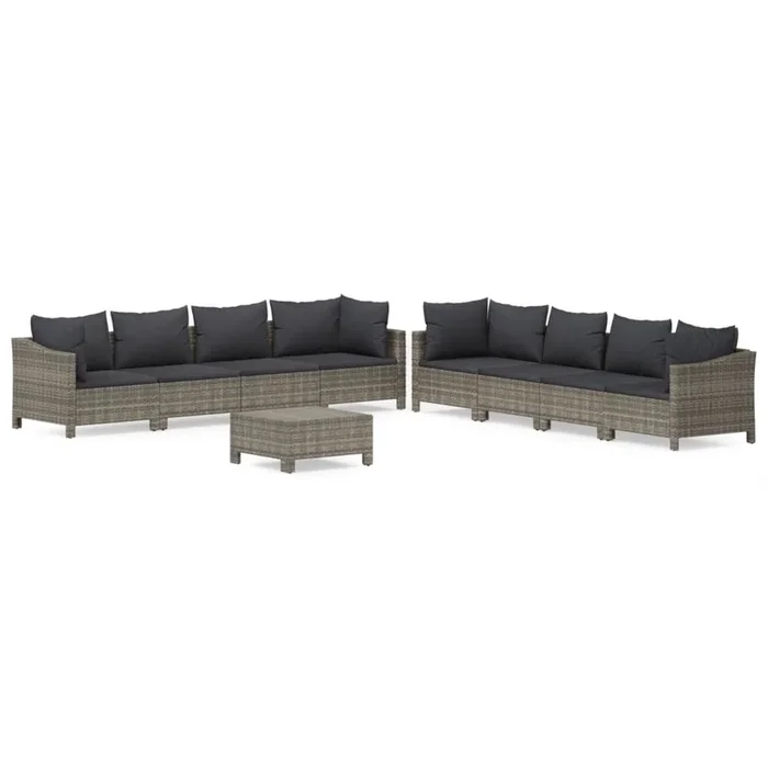 Set de muebles de jardin 9 piezas y cojines ratán sintético gris