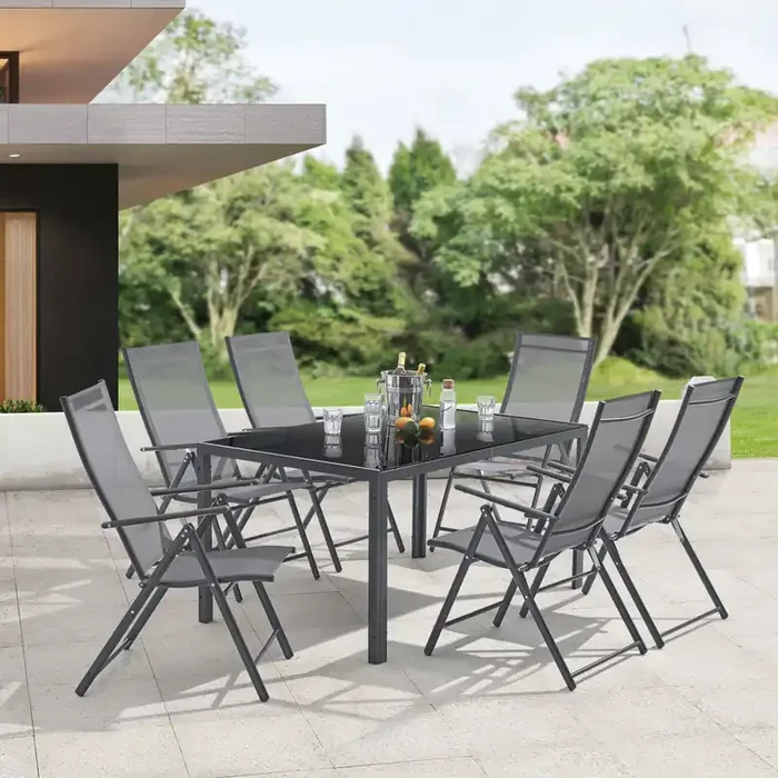 Set de muebles de jardín ‘Colonnella‘ 7 piezas acero cristal 73 x 150 x 90 cm – Gris claro Negro [en.casa]