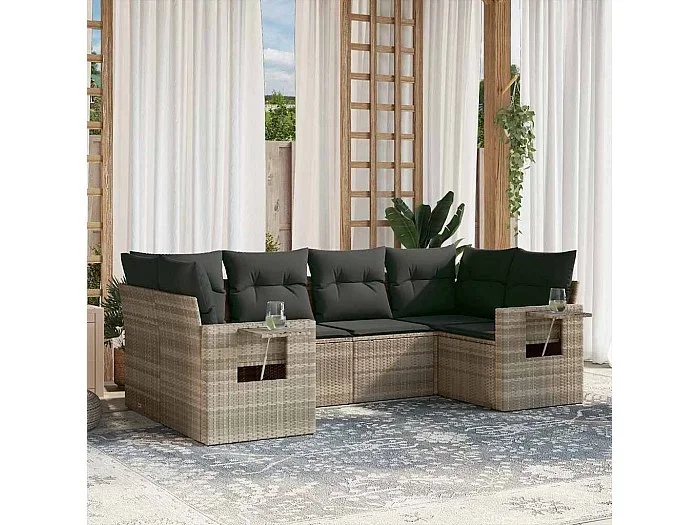 Set de sofás de jardín 6 piezas y cojines ratán sintético gris