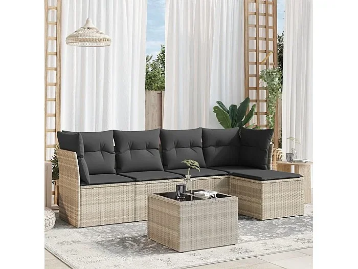 Set de sofás de jardín 6 piezas y cojines ratán sintético gris