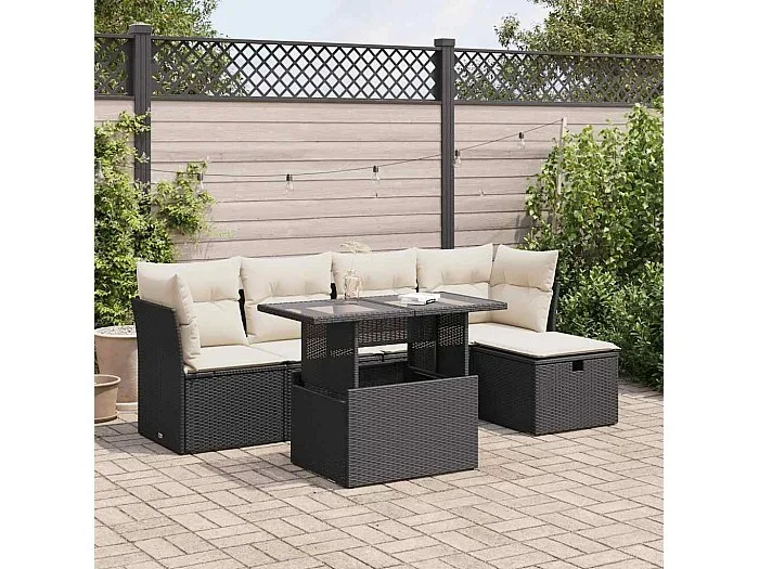 Set de sofás de jardín 6 piezas y cojines ratán sintético negro