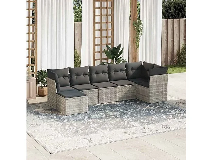 Set de sofás de jardín 7 piezas con cojines ratán PE gris claro