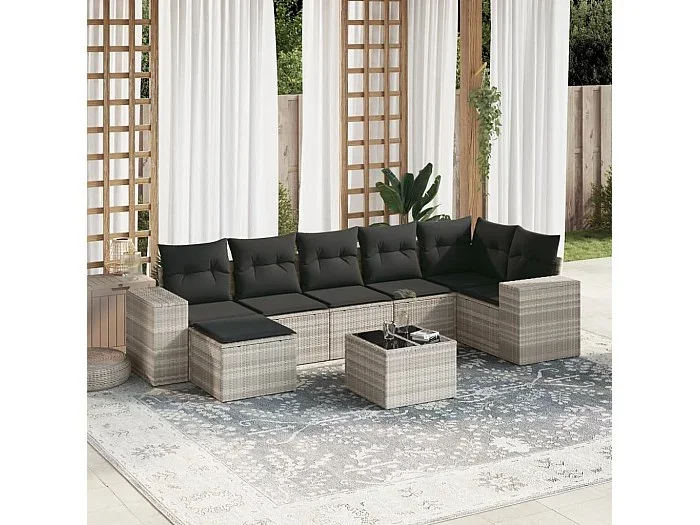 Set de sofás de jardín 8 piezas y cojines ratán sintético gris