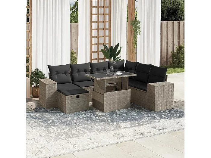 Set de sofás de jardín 8 piezas y cojines ratán sintético gris