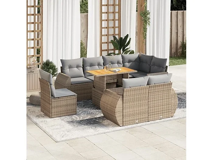Set de sofás de jardín con cojines 9 piezas ratán sintético beige